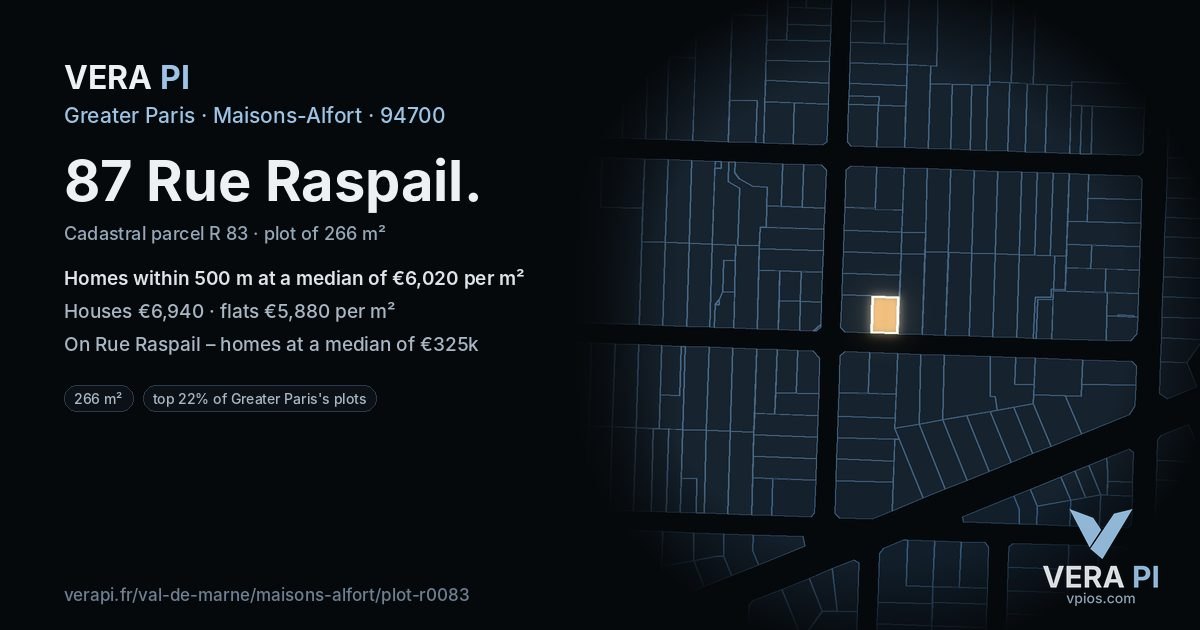 87 Rue Raspail, Maisons-Alfort at night – the plot lit, the parcels around coloured by the prices near them