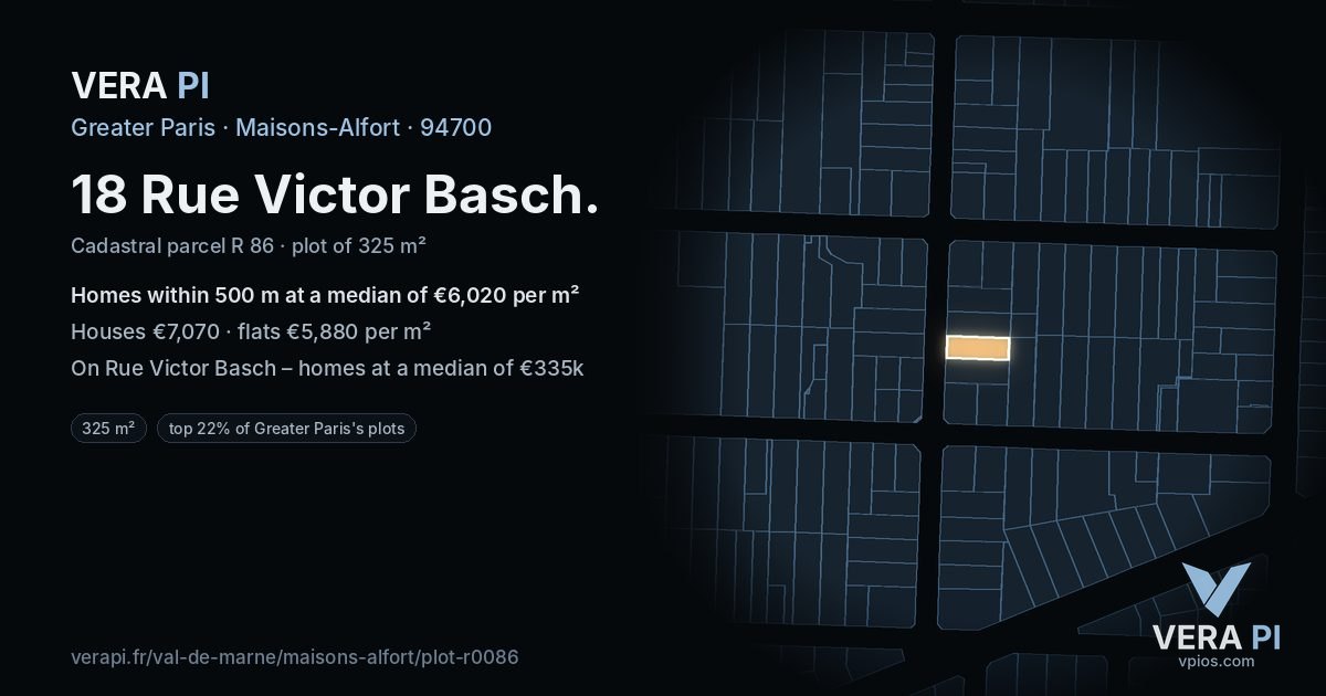 18 Rue Victor Basch, Maisons-Alfort at night – the plot lit, the parcels around coloured by the prices near them