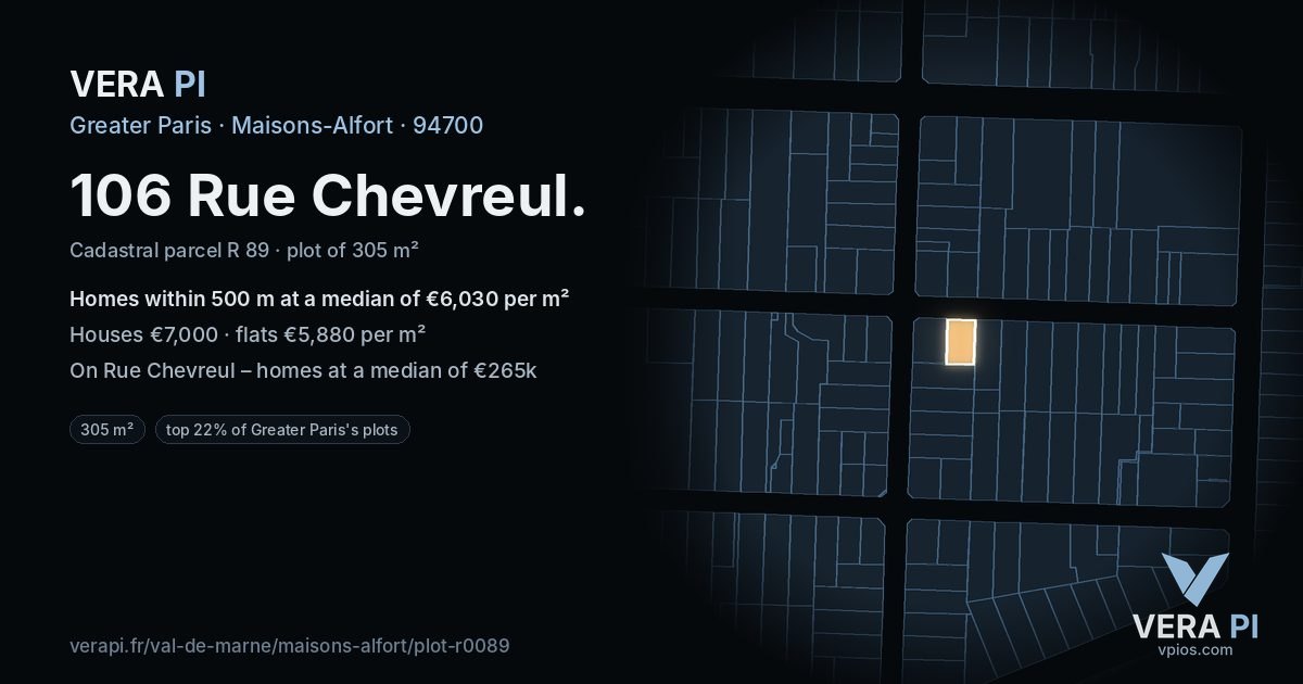 106 Rue Chevreul, Maisons-Alfort at night – the plot lit, the parcels around coloured by the prices near them