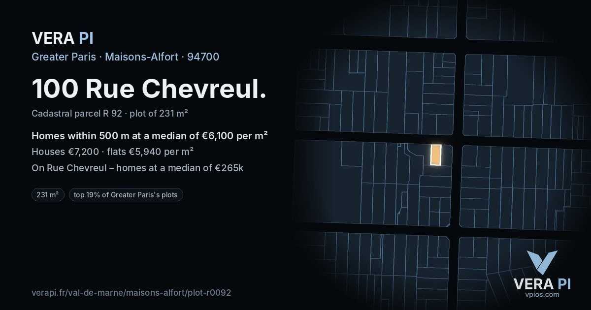 100 Rue Chevreul, Maisons-Alfort at night – the plot lit, the parcels around coloured by the prices near them