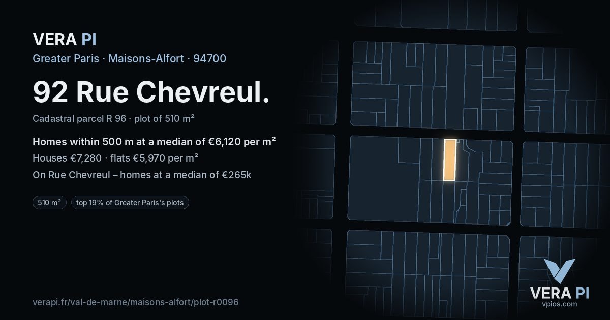 92 Rue Chevreul, Maisons-Alfort at night – the plot lit, the parcels around coloured by the prices near them