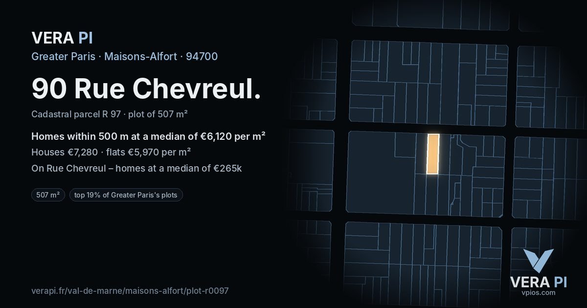90 Rue Chevreul, Maisons-Alfort at night – the plot lit, the parcels around coloured by the prices near them