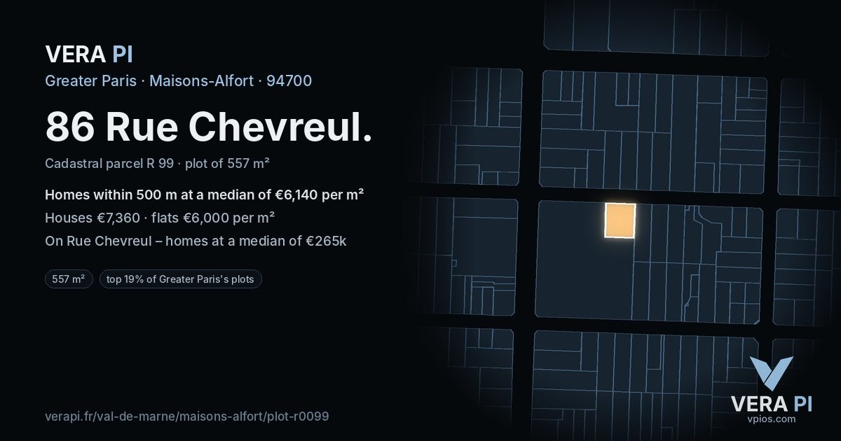 86 Rue Chevreul, Maisons-Alfort at night – the plot lit, the parcels around coloured by the prices near them