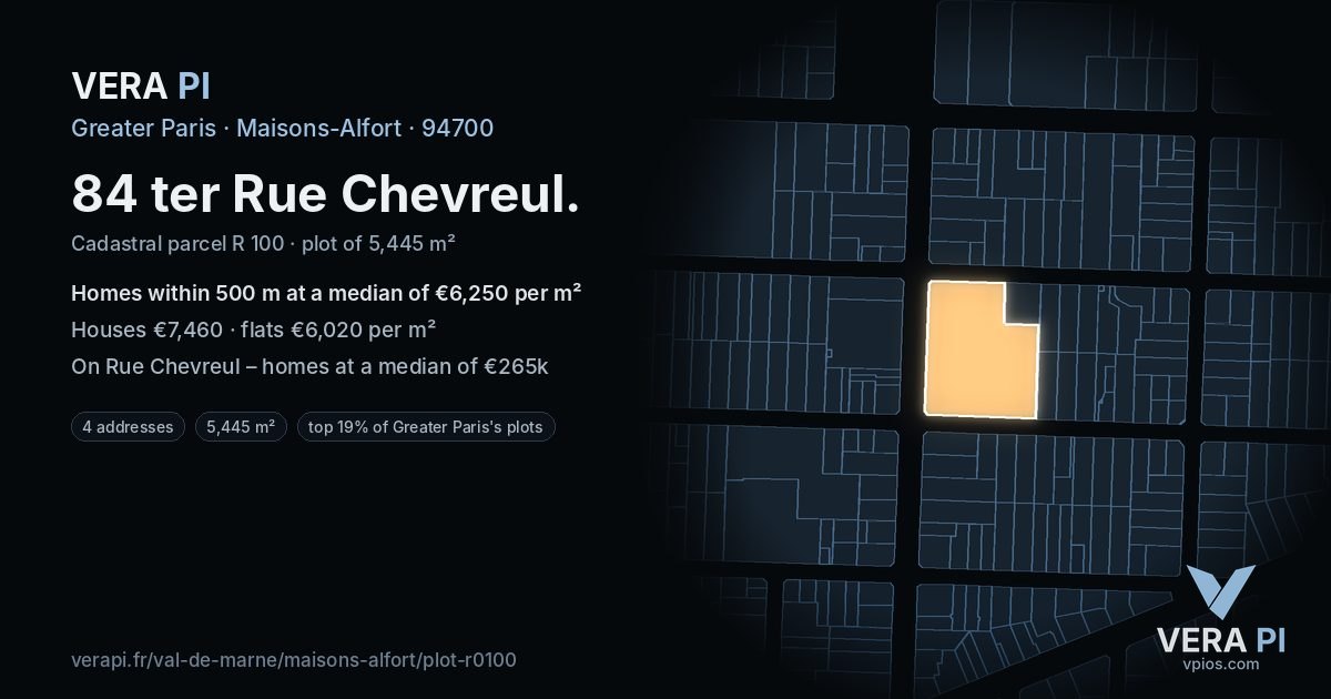 84 ter Rue Chevreul, Maisons-Alfort at night – the plot lit, the parcels around coloured by the prices near them