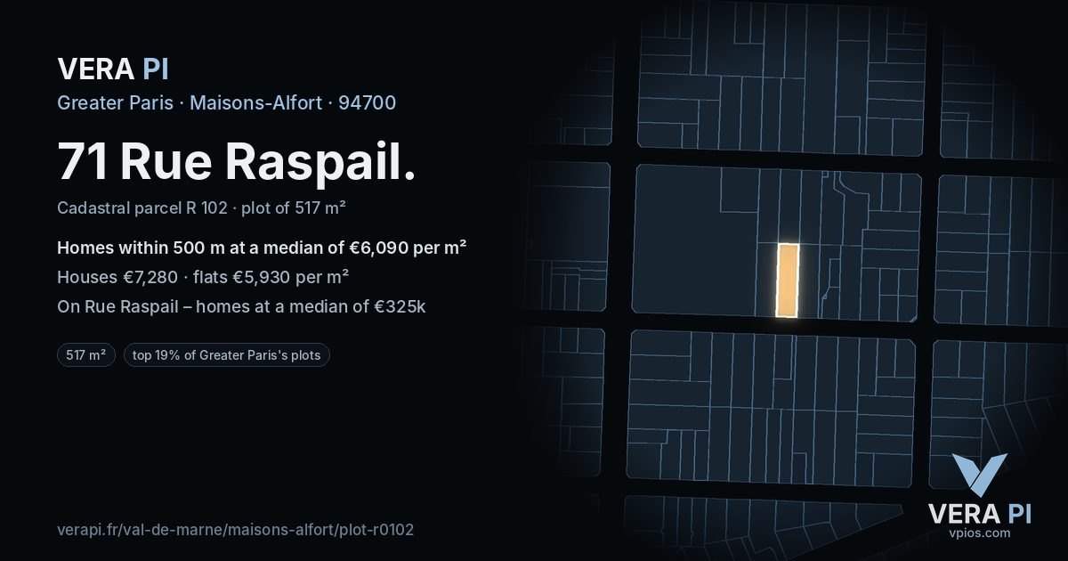 71 Rue Raspail, Maisons-Alfort at night – the plot lit, the parcels around coloured by the prices near them