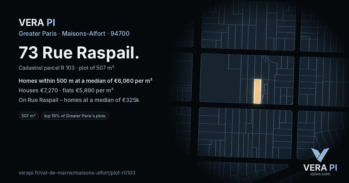 73 Rue Raspail, Maisons-Alfort at night – the plot lit, the parcels around coloured by the prices near them