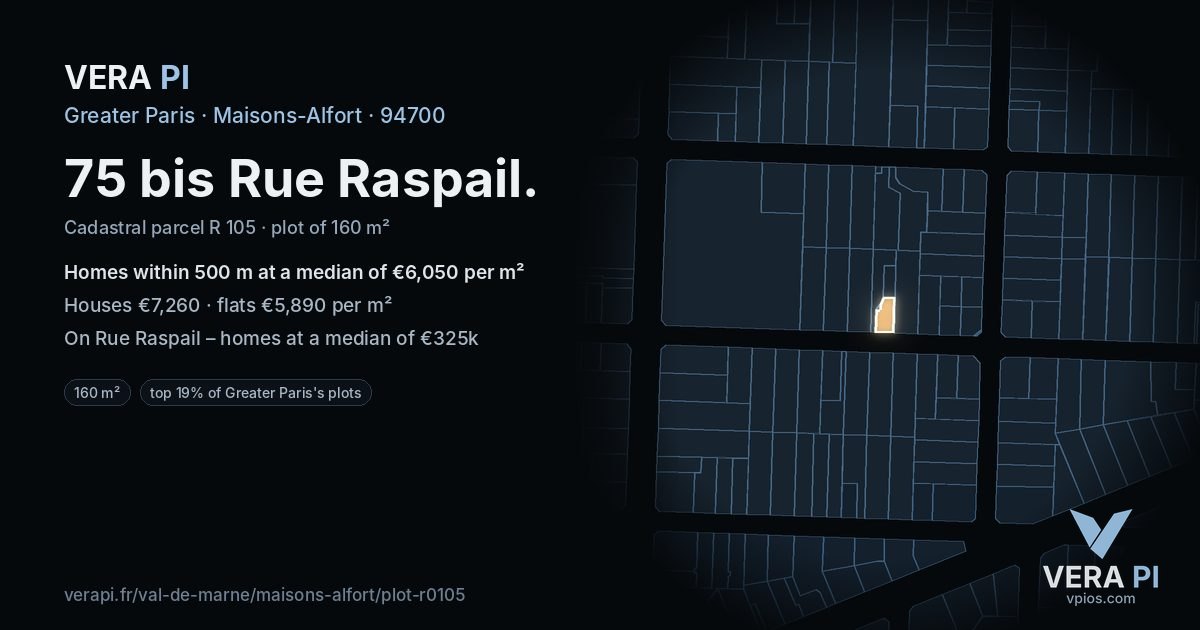 75 bis Rue Raspail, Maisons-Alfort at night – the plot lit, the parcels around coloured by the prices near them