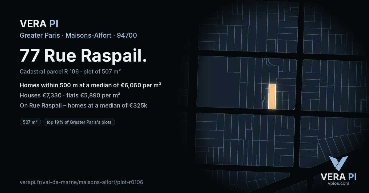 77 Rue Raspail, Maisons-Alfort at night – the plot lit, the parcels around coloured by the prices near them