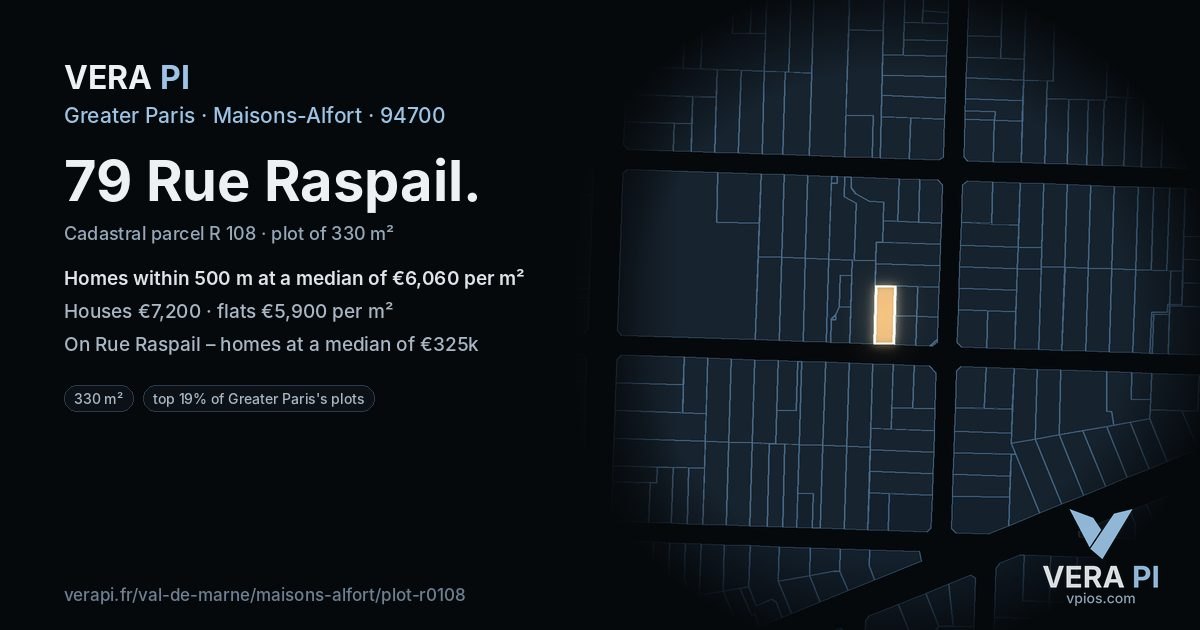 79 Rue Raspail, Maisons-Alfort at night – the plot lit, the parcels around coloured by the prices near them
