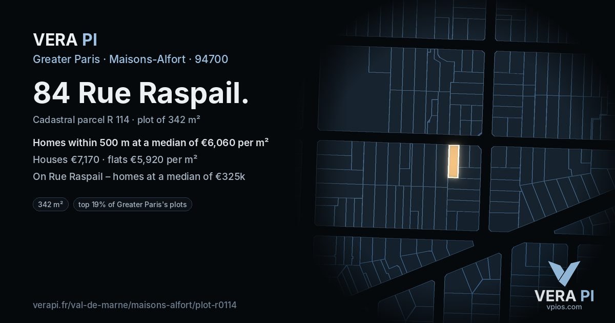 84 Rue Raspail, Maisons-Alfort at night – the plot lit, the parcels around coloured by the prices near them