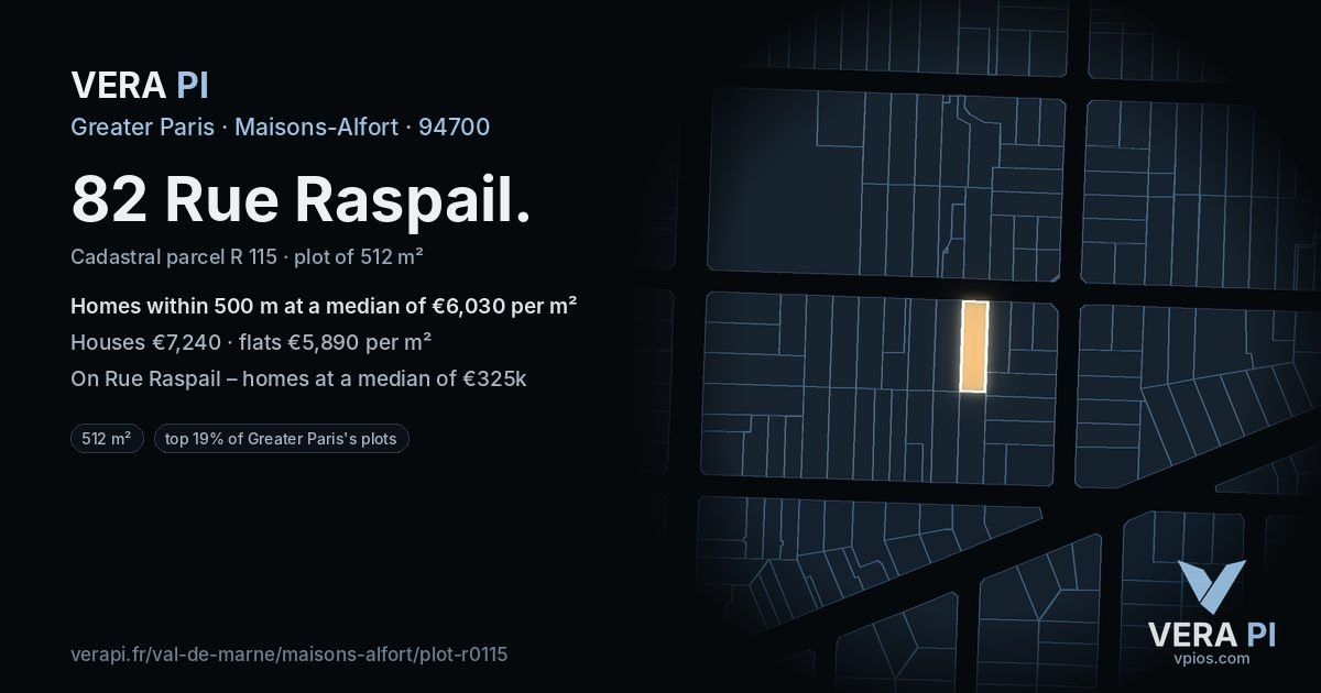 82 Rue Raspail, Maisons-Alfort at night – the plot lit, the parcels around coloured by the prices near them