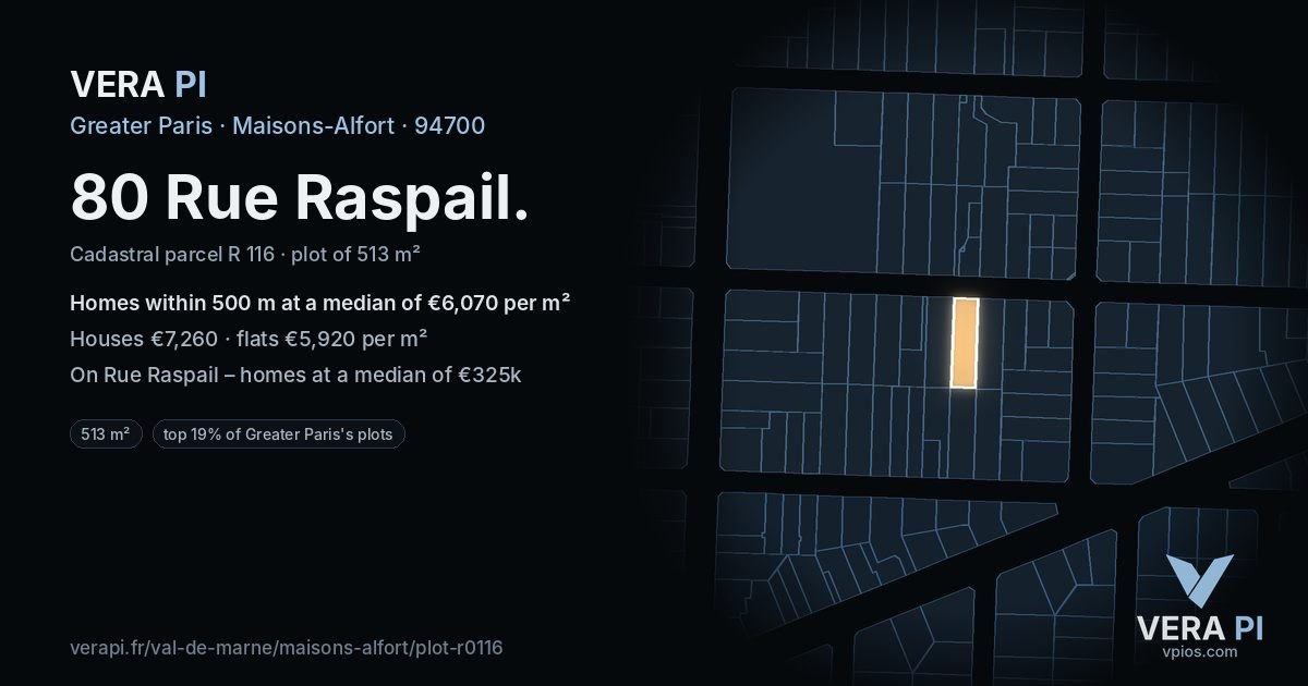 80 Rue Raspail, Maisons-Alfort at night – the plot lit, the parcels around coloured by the prices near them