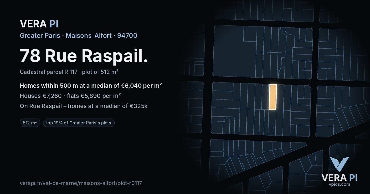 78 Rue Raspail, Maisons-Alfort at night – the plot lit, the parcels around coloured by the prices near them