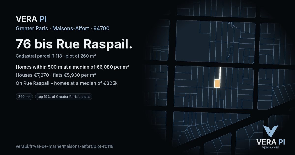 76 bis Rue Raspail, Maisons-Alfort at night – the plot lit, the parcels around coloured by the prices near them