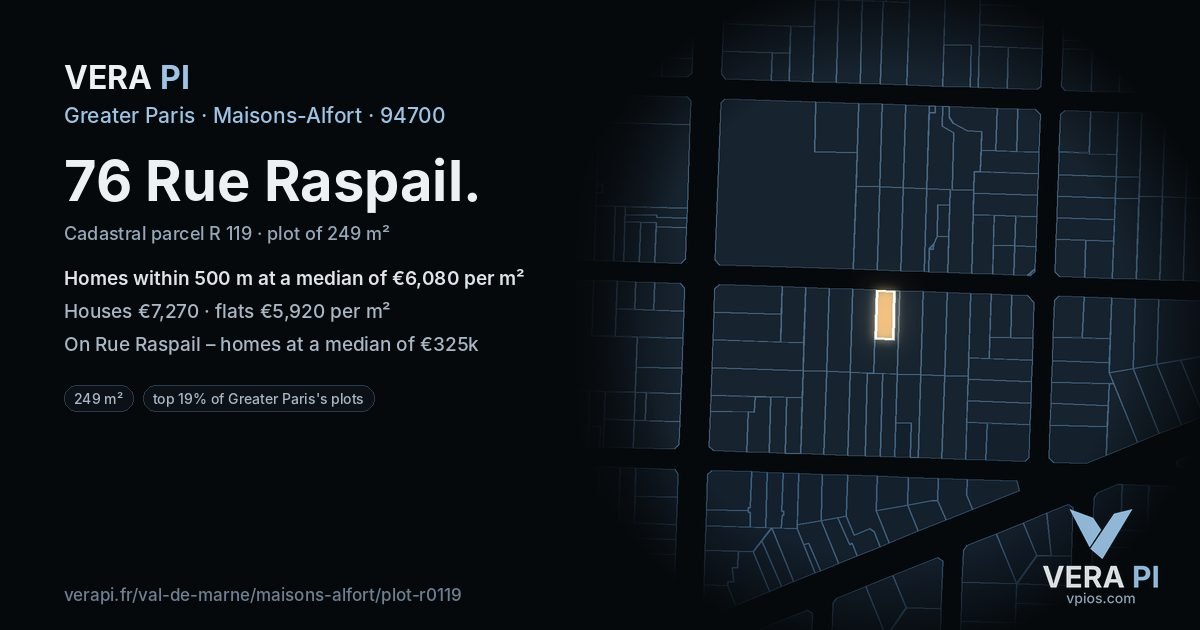 76 Rue Raspail, Maisons-Alfort at night – the plot lit, the parcels around coloured by the prices near them