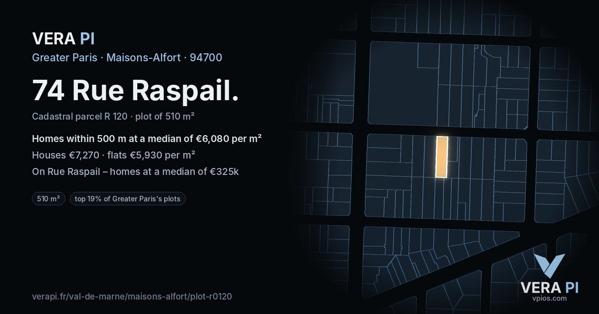 74 Rue Raspail, Maisons-Alfort at night – the plot lit, the parcels around coloured by the prices near them