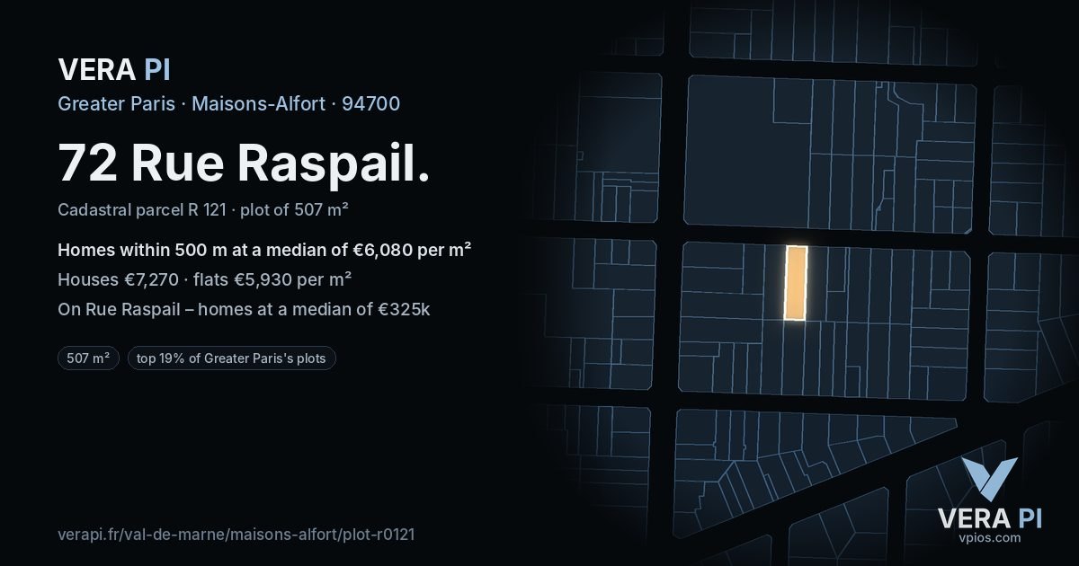 72 Rue Raspail, Maisons-Alfort at night – the plot lit, the parcels around coloured by the prices near them