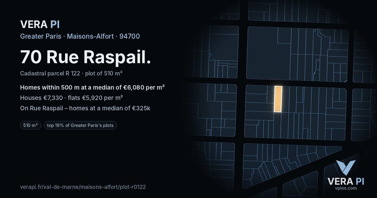 70 Rue Raspail, Maisons-Alfort at night – the plot lit, the parcels around coloured by the prices near them