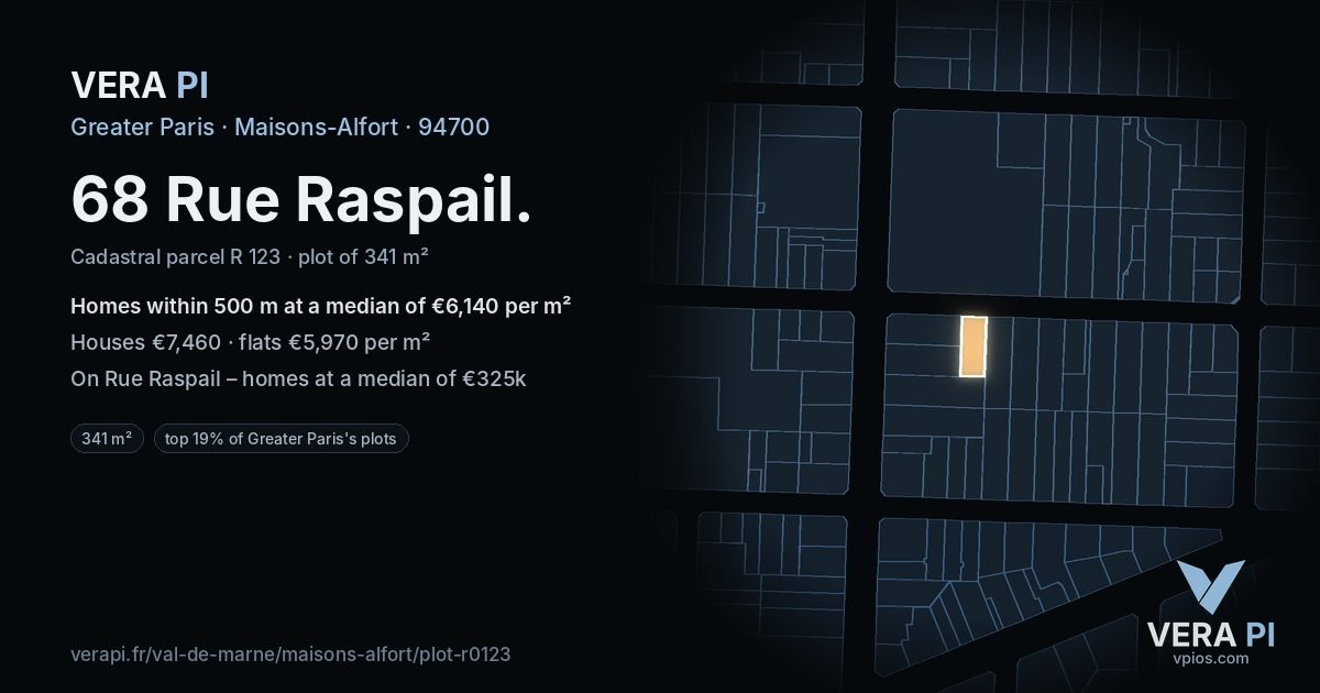68 Rue Raspail, Maisons-Alfort at night – the plot lit, the parcels around coloured by the prices near them