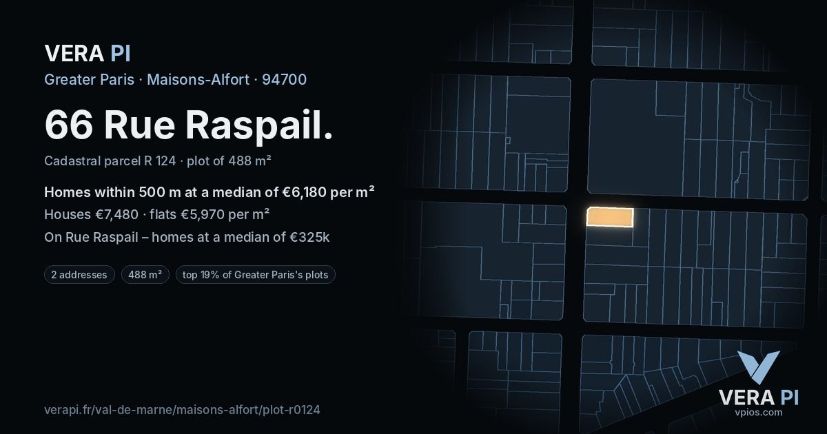66 Rue Raspail, Maisons-Alfort at night – the plot lit, the parcels around coloured by the prices near them