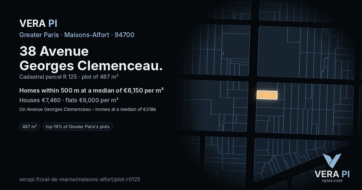 38 Avenue Georges Clemenceau, Maisons-Alfort at night – the plot lit, the parcels around coloured by the prices near them