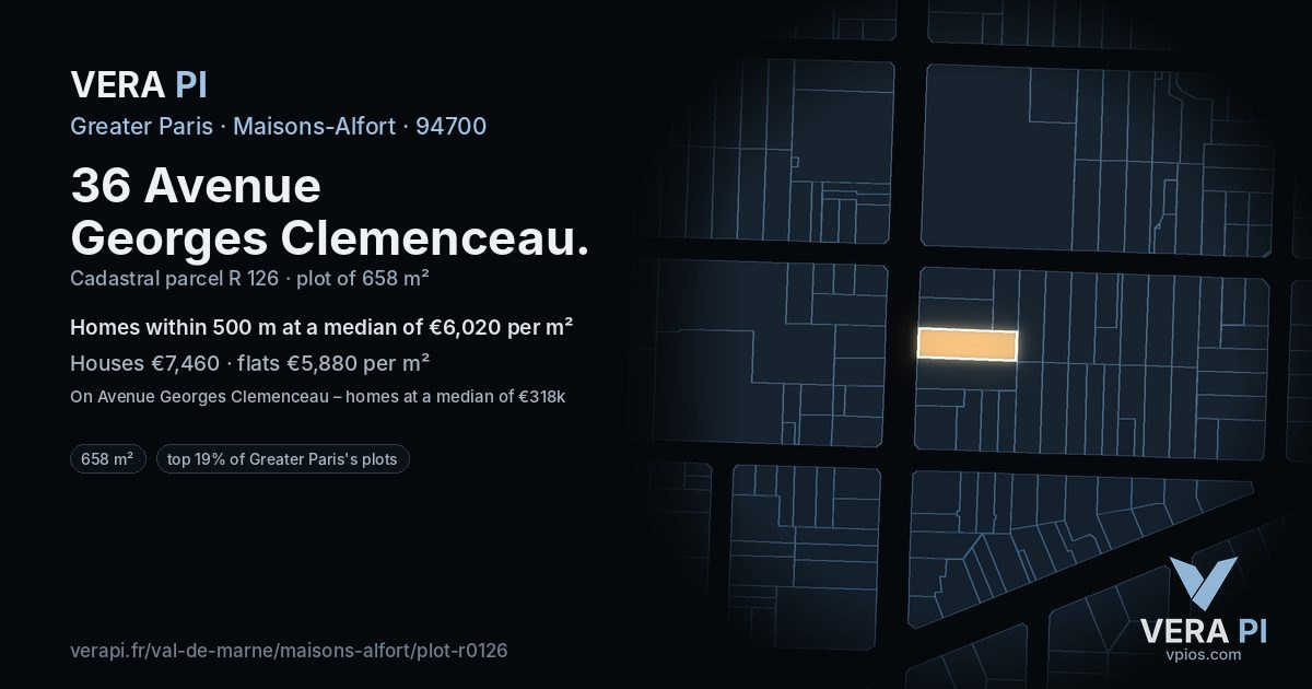 36 Avenue Georges Clemenceau, Maisons-Alfort at night – the plot lit, the parcels around coloured by the prices near them
