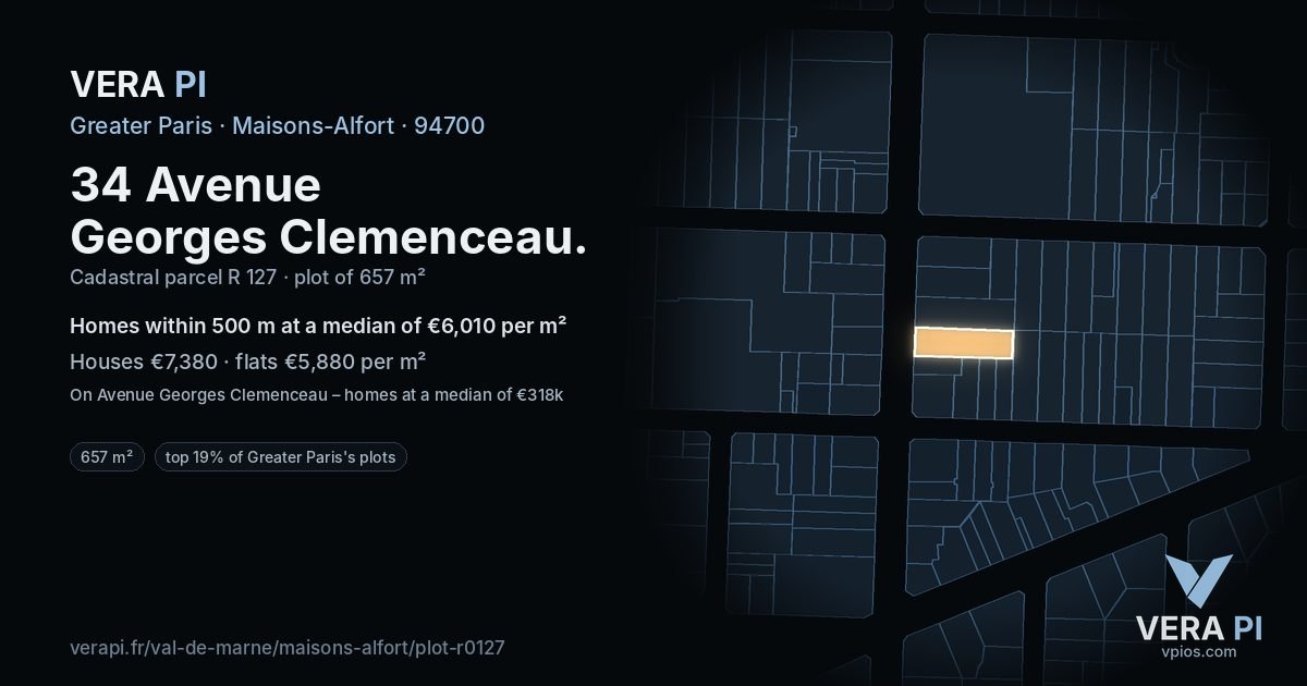 34 Avenue Georges Clemenceau, Maisons-Alfort at night – the plot lit, the parcels around coloured by the prices near them