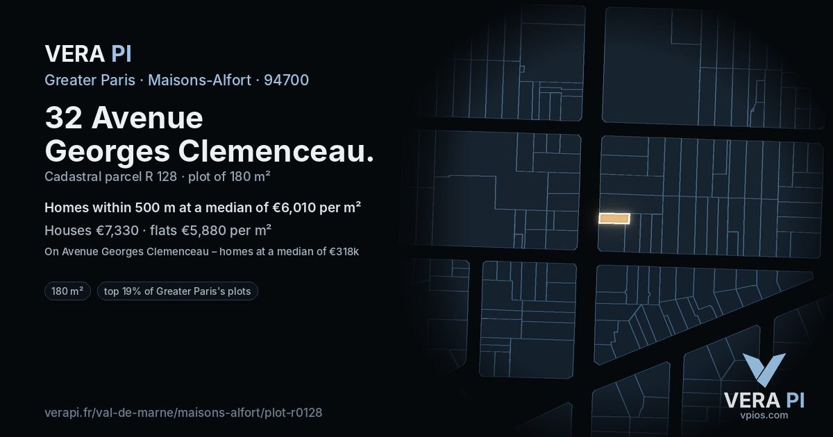 32 Avenue Georges Clemenceau, Maisons-Alfort at night – the plot lit, the parcels around coloured by the prices near them