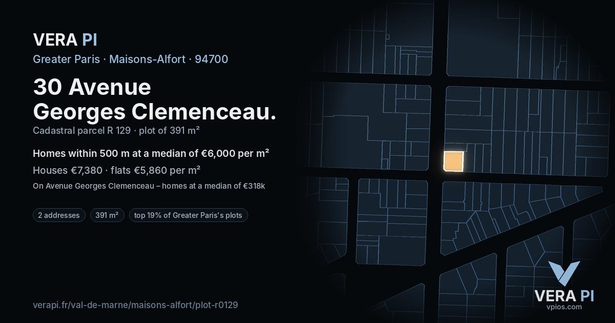 30 Avenue Georges Clemenceau, Maisons-Alfort at night – the plot lit, the parcels around coloured by the prices near them