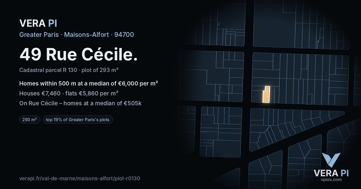 49 Rue Cécile, Maisons-Alfort at night – the plot lit, the parcels around coloured by the prices near them