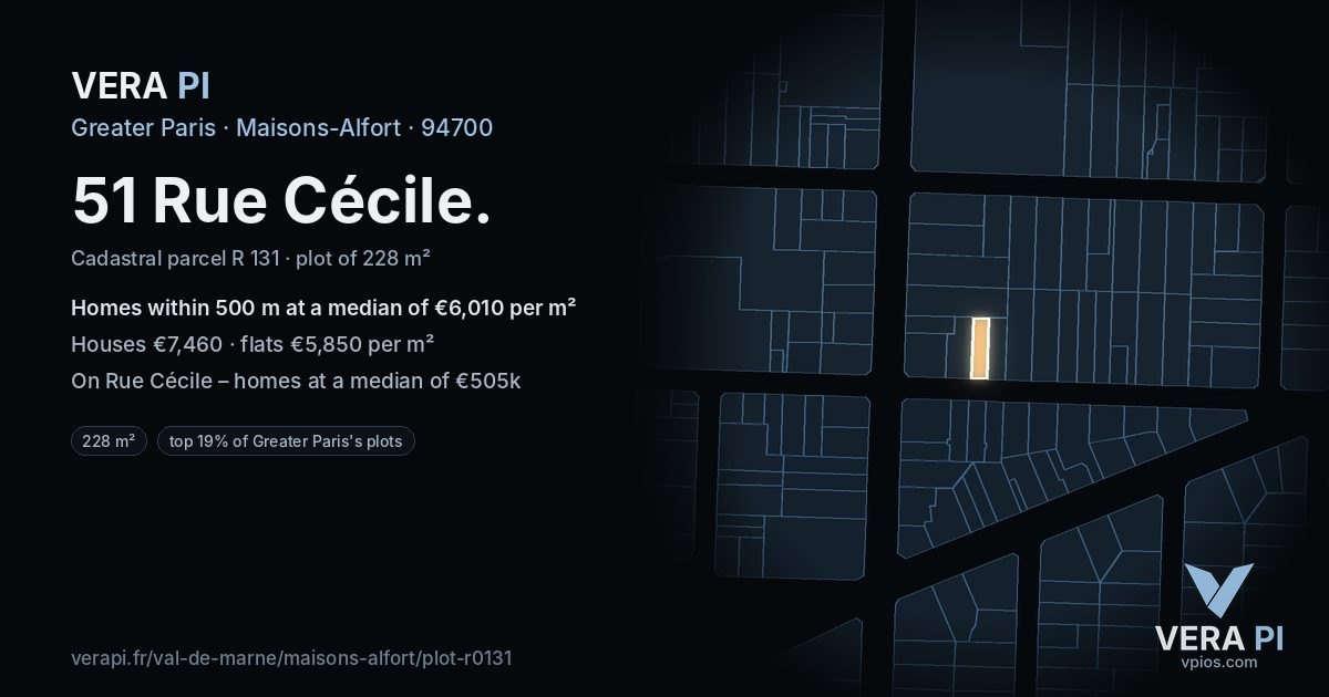 51 Rue Cécile, Maisons-Alfort at night – the plot lit, the parcels around coloured by the prices near them