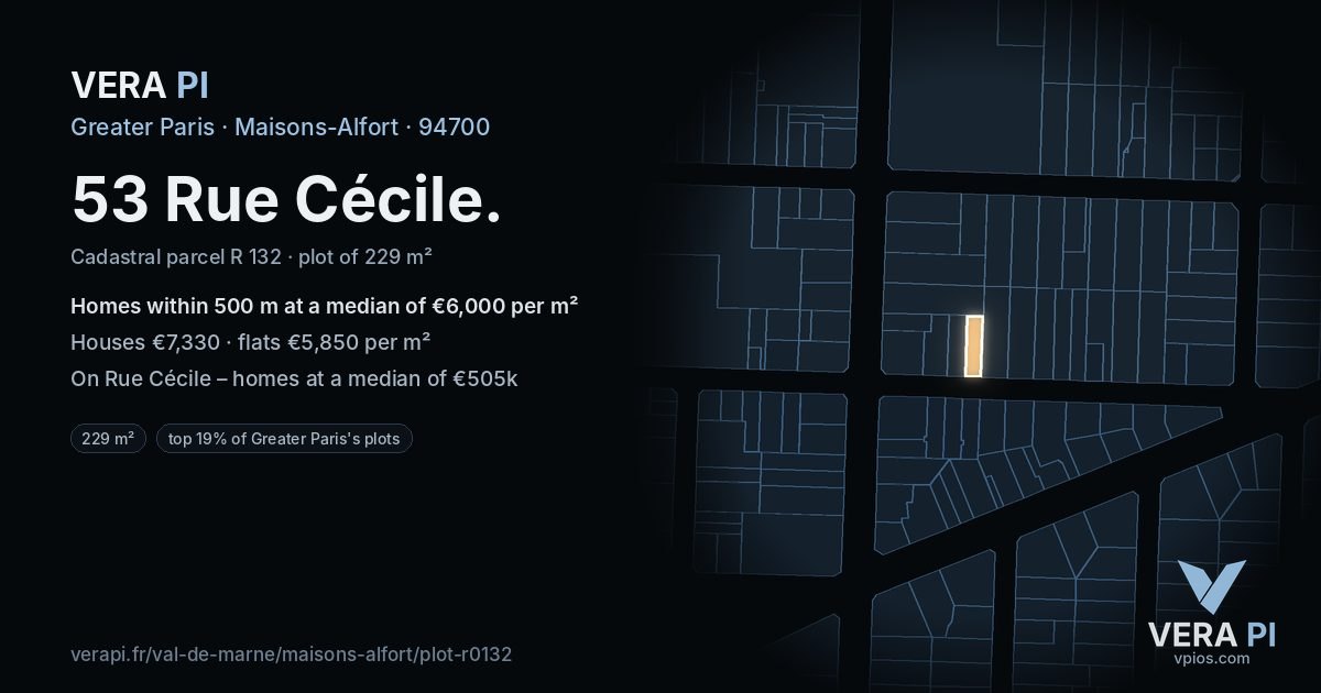 53 Rue Cécile, Maisons-Alfort at night – the plot lit, the parcels around coloured by the prices near them