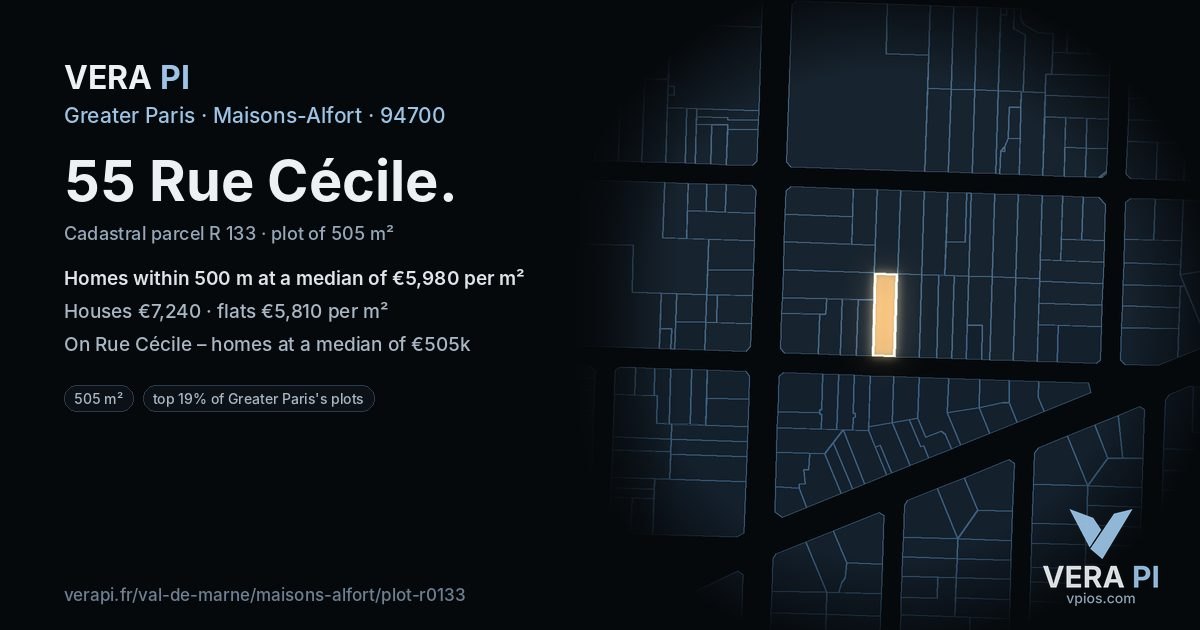 55 Rue Cécile, Maisons-Alfort at night – the plot lit, the parcels around coloured by the prices near them