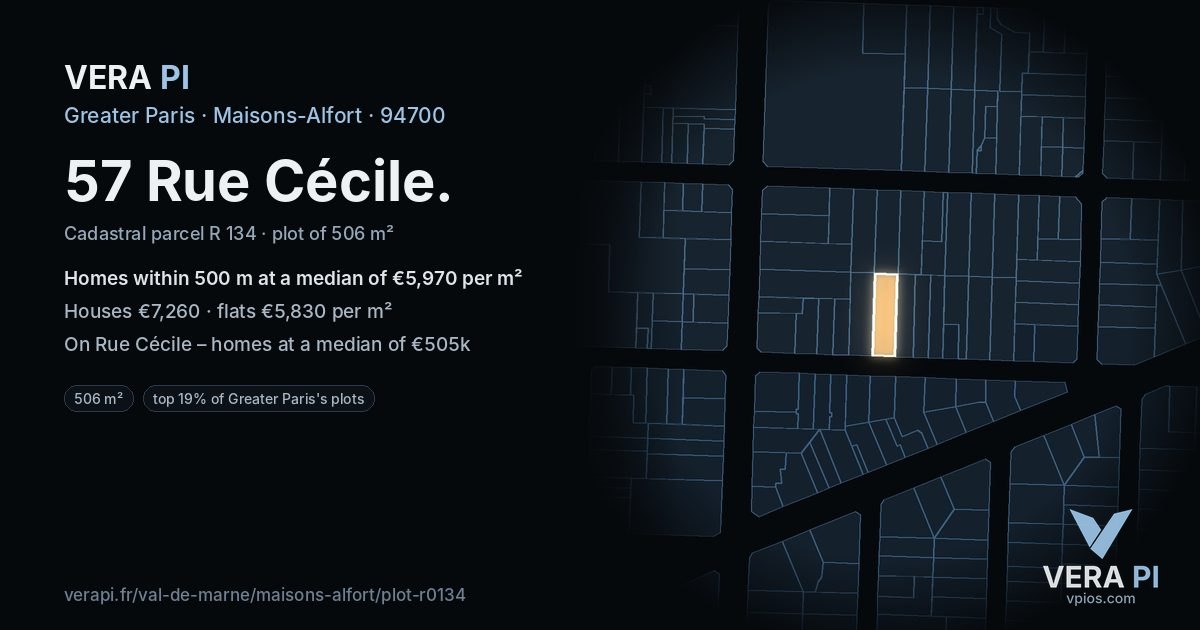 57 Rue Cécile, Maisons-Alfort at night – the plot lit, the parcels around coloured by the prices near them