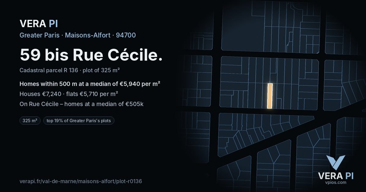 59 bis Rue Cécile, Maisons-Alfort at night – the plot lit, the parcels around coloured by the prices near them