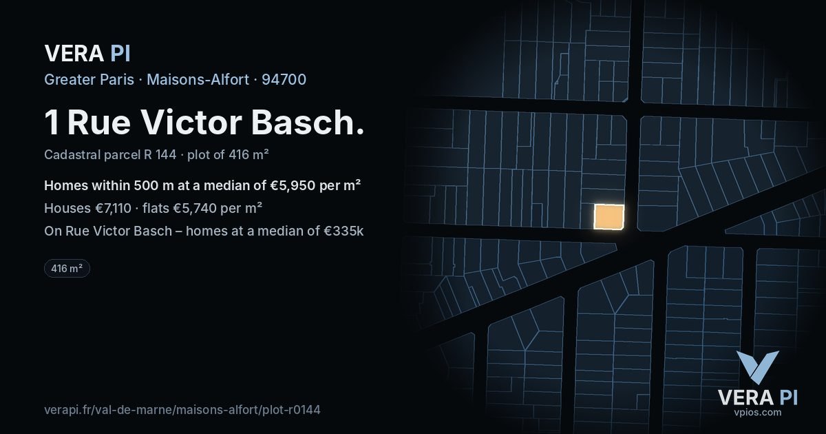 1 Rue Victor Basch, Maisons-Alfort at night – the plot lit, the parcels around coloured by the prices near them
