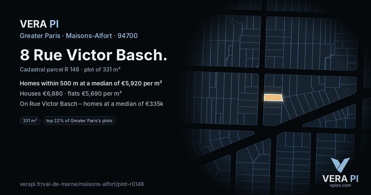 8 Rue Victor Basch, Maisons-Alfort at night – the plot lit, the parcels around coloured by the prices near them
