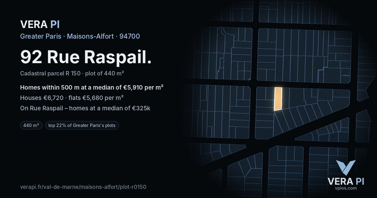 92 Rue Raspail, Maisons-Alfort at night – the plot lit, the parcels around coloured by the prices near them