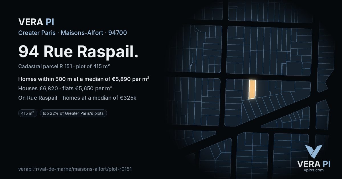 94 Rue Raspail, Maisons-Alfort at night – the plot lit, the parcels around coloured by the prices near them