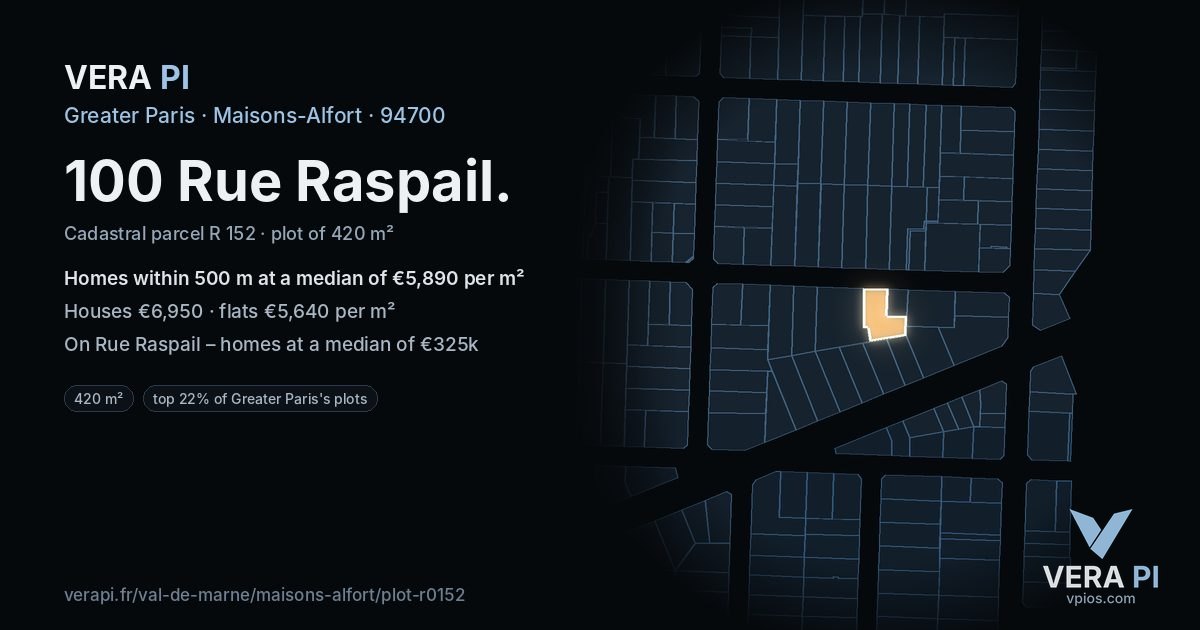 100 Rue Raspail, Maisons-Alfort at night – the plot lit, the parcels around coloured by the prices near them