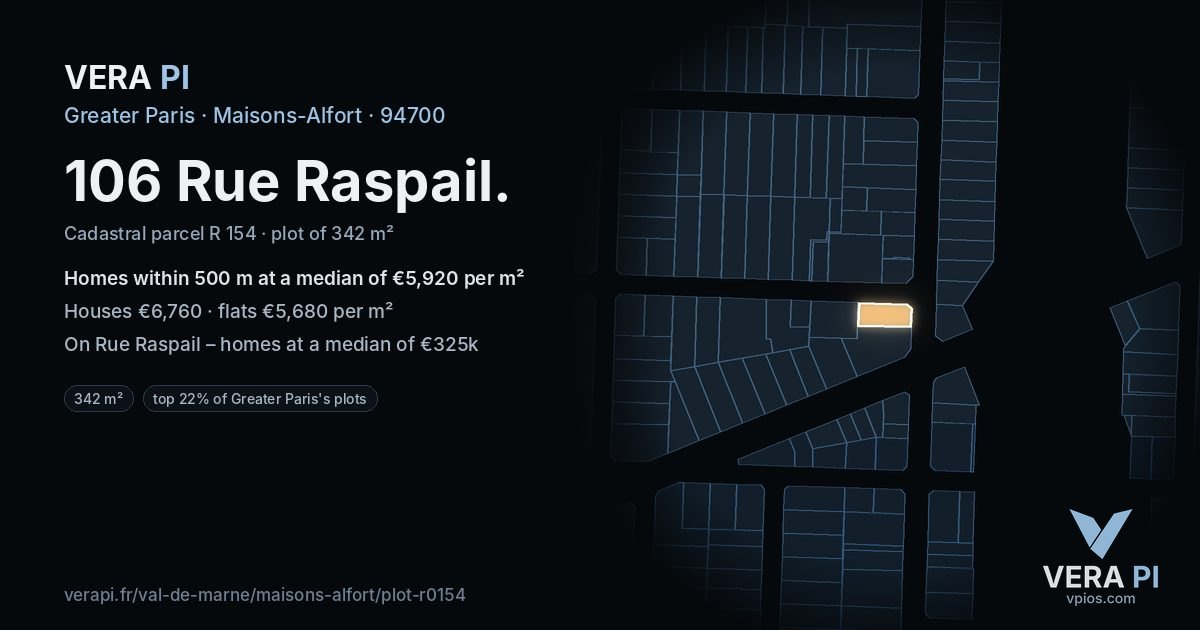 106 Rue Raspail, Maisons-Alfort at night – the plot lit, the parcels around coloured by the prices near them