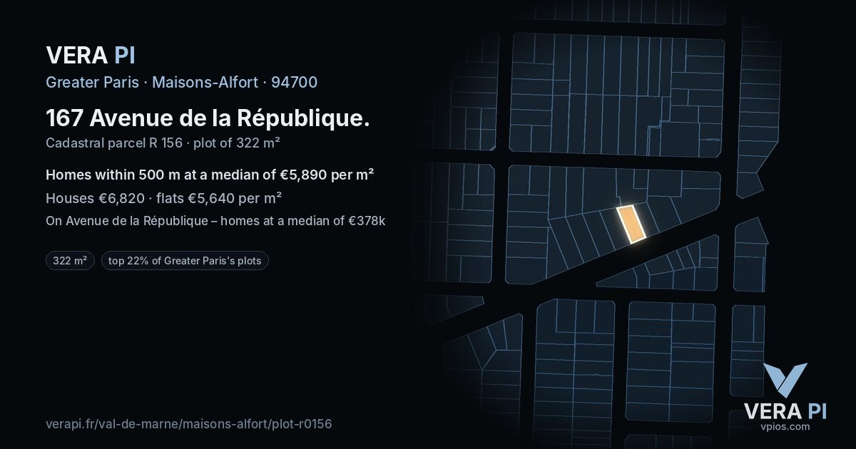 167 Avenue de la République, Maisons-Alfort at night – the plot lit, the parcels around coloured by the prices near them