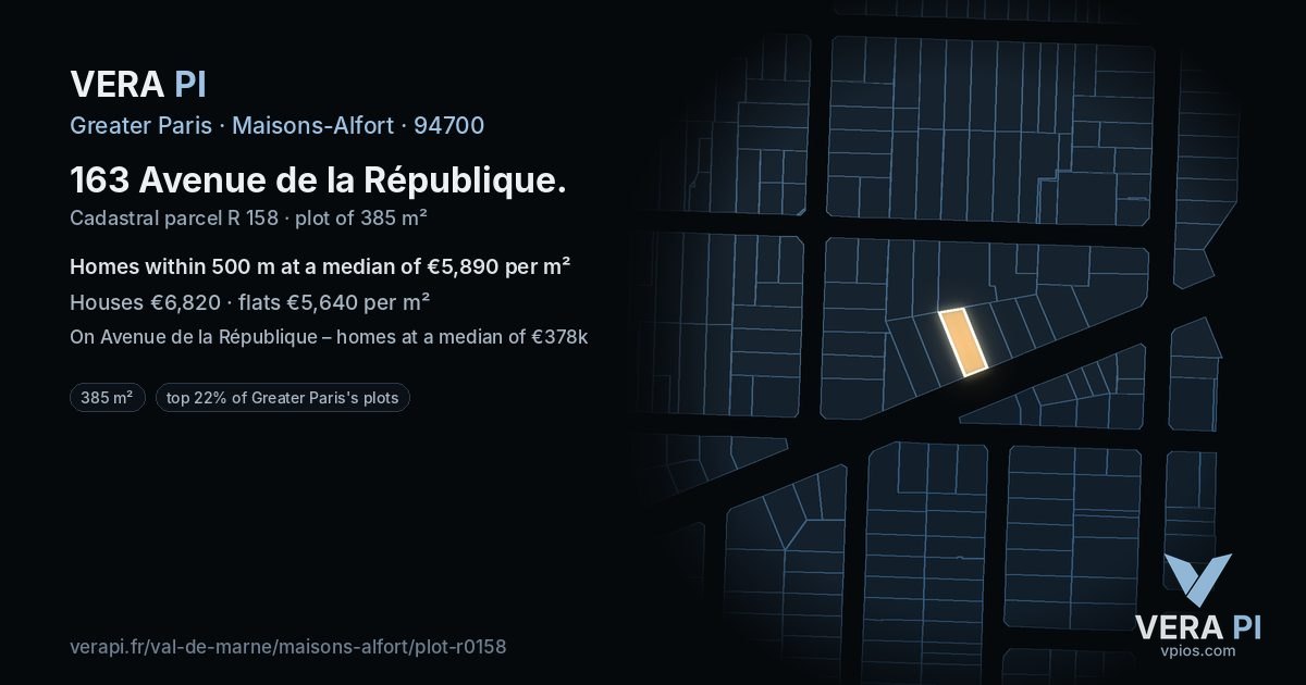 163 Avenue de la République, Maisons-Alfort at night – the plot lit, the parcels around coloured by the prices near them