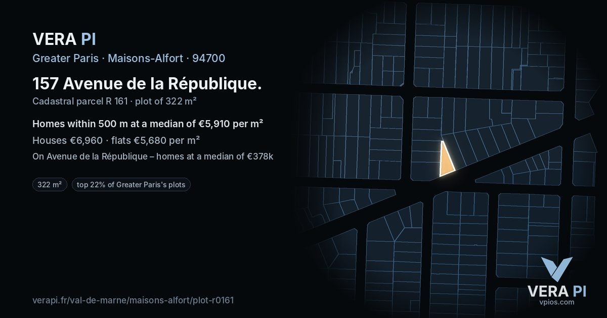 157 Avenue de la République, Maisons-Alfort at night – the plot lit, the parcels around coloured by the prices near them