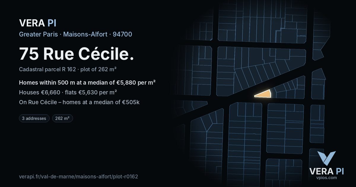 75 Rue Cécile, Maisons-Alfort at night – the plot lit, the parcels around coloured by the prices near them