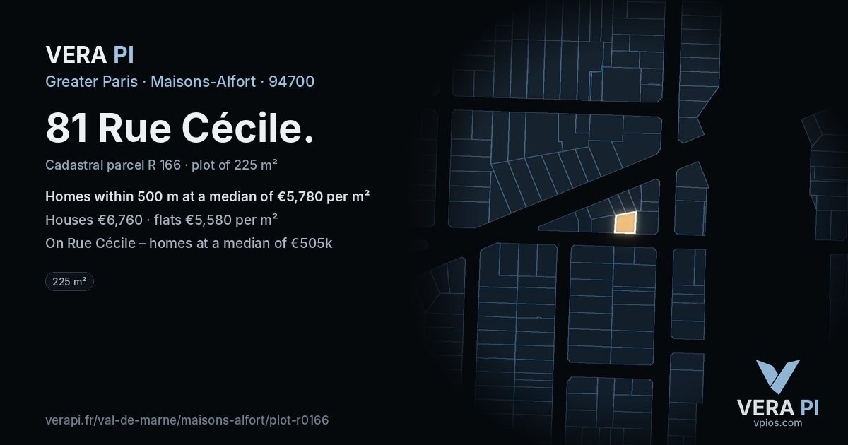 81 Rue Cécile, Maisons-Alfort at night – the plot lit, the parcels around coloured by the prices near them