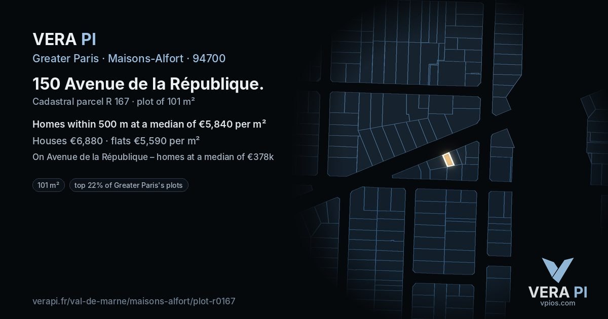 150 Avenue de la République, Maisons-Alfort at night – the plot lit, the parcels around coloured by the prices near them