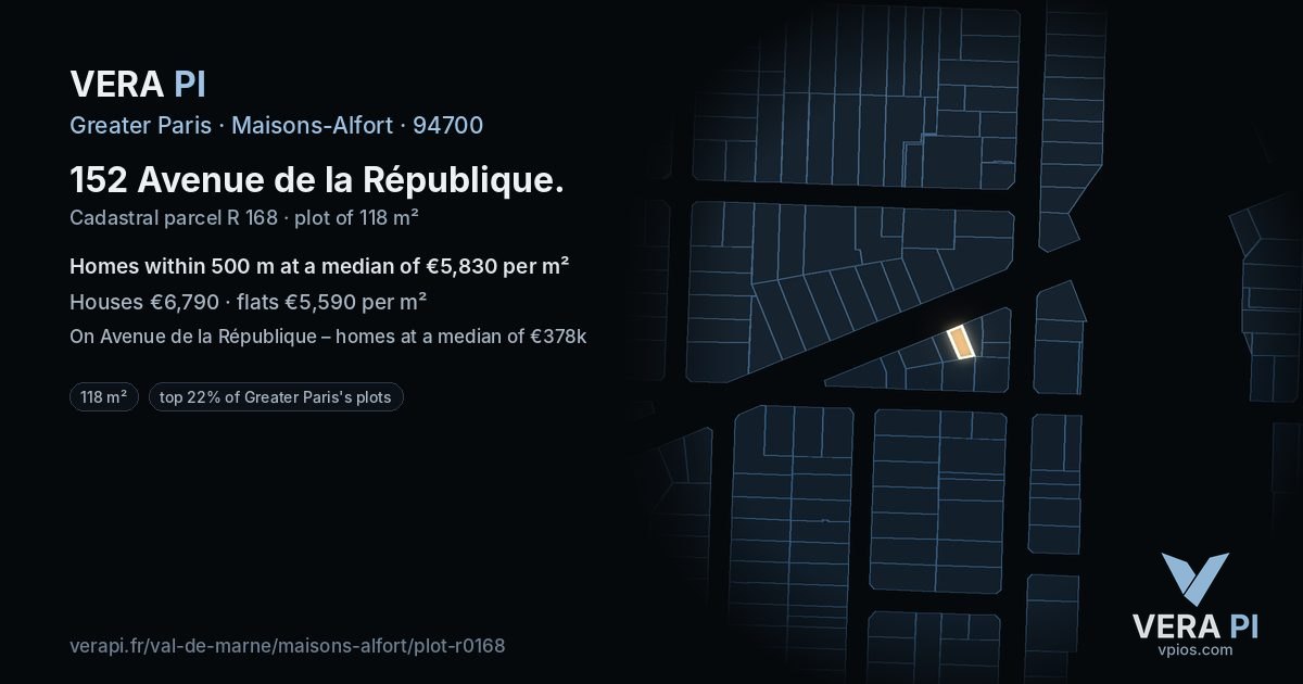 152 Avenue de la République, Maisons-Alfort at night – the plot lit, the parcels around coloured by the prices near them