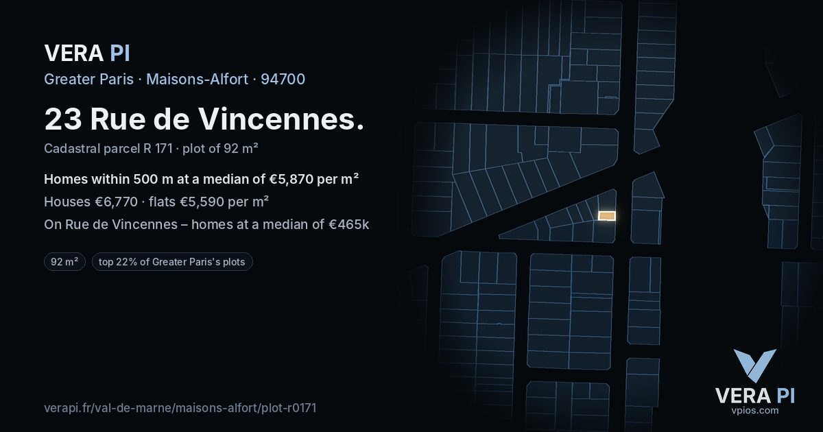 23 Rue de Vincennes, Maisons-Alfort at night – the plot lit, the parcels around coloured by the prices near them