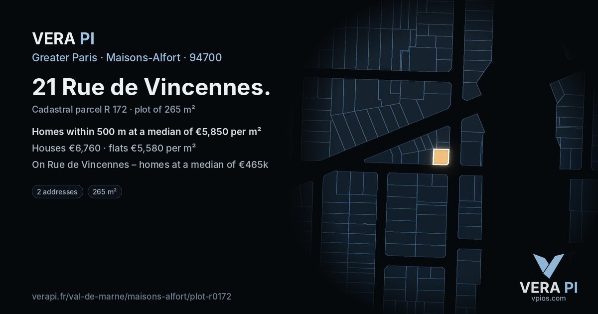 21 Rue de Vincennes, Maisons-Alfort at night – the plot lit, the parcels around coloured by the prices near them